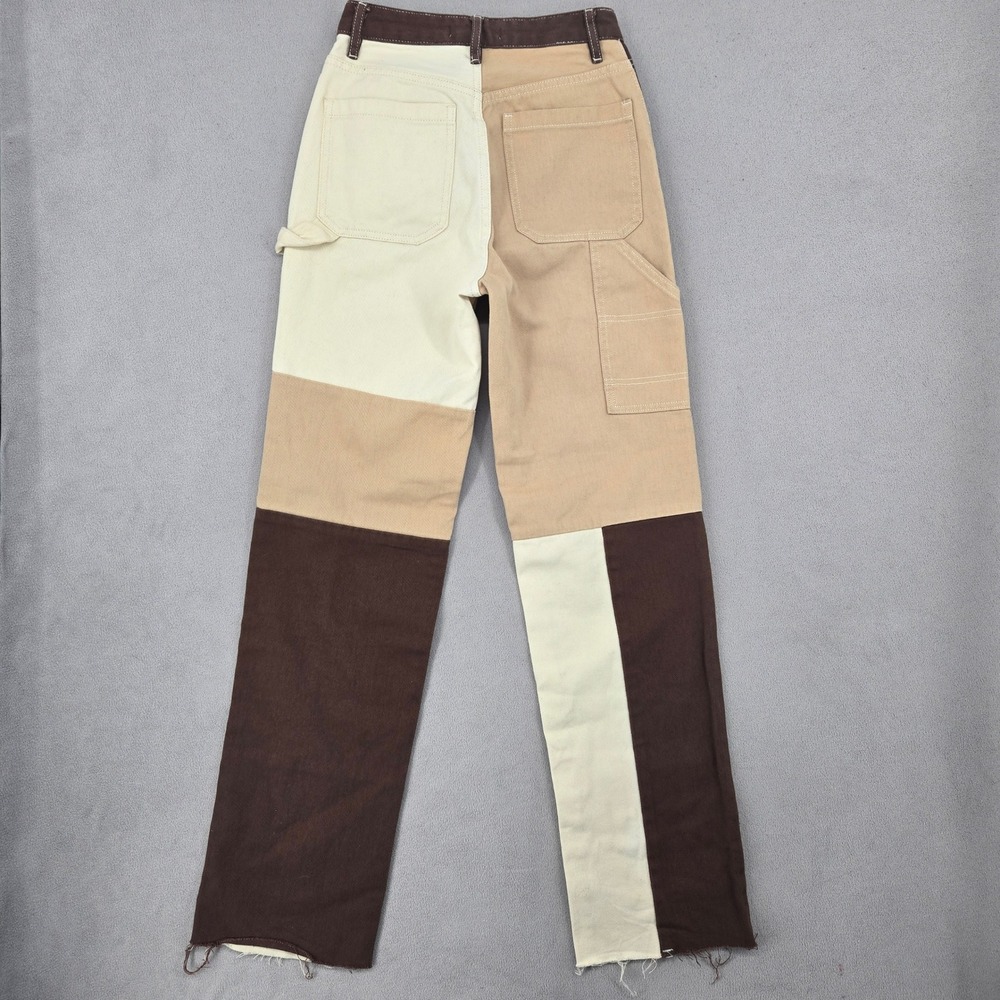 PacSun Womens 27 Patchwork Carpenter Pants Brown Tan Cream Utility Straight Leg - Picture 3 of 13